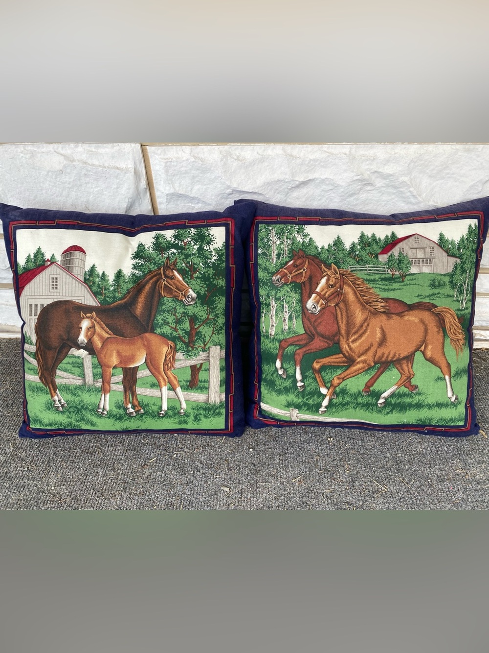Set of 2 Vintage Equine Horse Pony Barn Scene Throw Pillows Square Navy Border